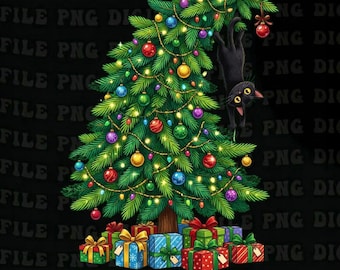 Christmas Black Cat png,Christmas Tree Cat png,Tree Funny Festive Pet png, Black Cat Hanging From Christmas png,Christmas Cat Humor png