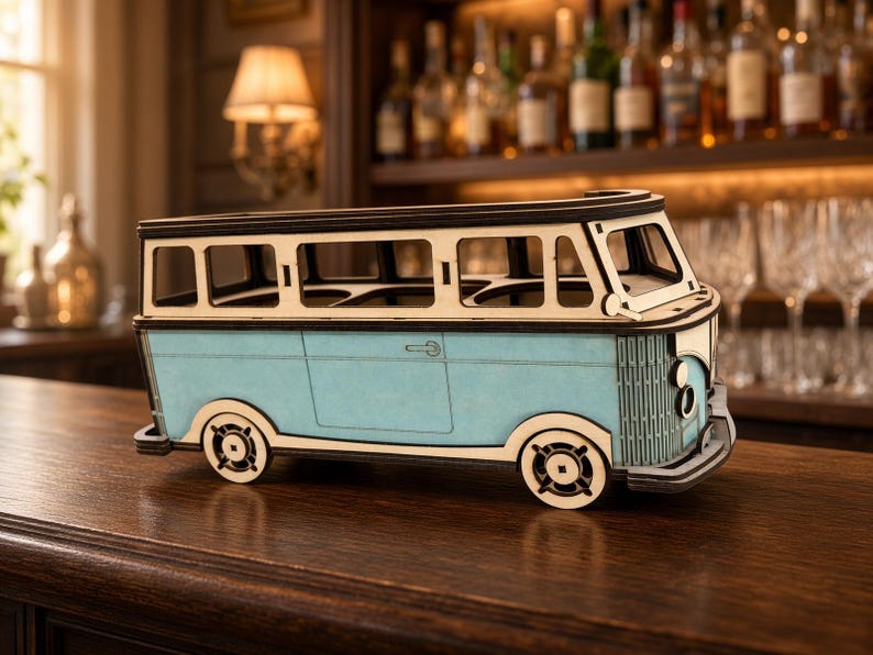 Laser Cut VW Bus Bottle Holder for Wine and Spirits. Handmade Bar Decor ...