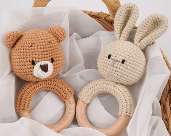 Rattle bear and rabbit crocheted, birth, baby gripping ring, birth gift, personalized baby rattle, gift idea, Montessori, Amigurumi