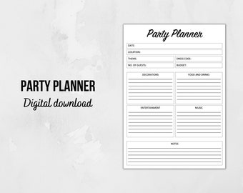Party Planner | Organiser | Downloadable | Printable | Event Planner | Theme Party | Birthday | Template | Black and White Minimalistic