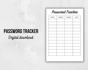Password Tracker Printable | Organiser | Downloadable Template | Minimalistic Black and White