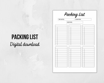 May include: A white packing list template with a black header that reads "Packing List". The words "Digital download" are below the title. The packing list has sections for trip dates, duration, and weather, with lined spaces for notes.