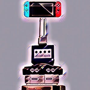 May include: An artistic rendering of a stack of video game consoles. The stack includes a Nintendo Switch at the top, followed by a GameCube, a Nintendo 64, a Super Nintendo, and a Nintendo Entertainment System at the bottom. The Switch has blue and red controllers.