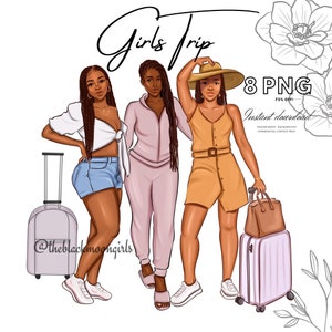 Girls travel Clipart,Cousins trip Clipart,Girls on Vacation Clipart,Traveler Girl Clipart,Sisters travelling Clipart,AfricanAmerican Clipart