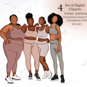 Vrouwen in verschillende lichaamsvormen Clipart, Curvy Girl Clipart, Zwarte Vrouwen Clipart, Afro-Amerikaanse Fitness Clipart