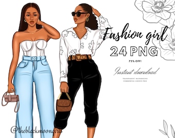 Black Girl Fashion Clipart: Chic Outfits, Planner Stickers (24 PNG)