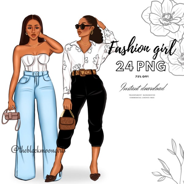 Black Girl summer  Fashion Clipart, Black Girl Chic outfit , Black Women Clipart, Black Girls PNG, Black Girl Sticker/Planner/Journal/Print