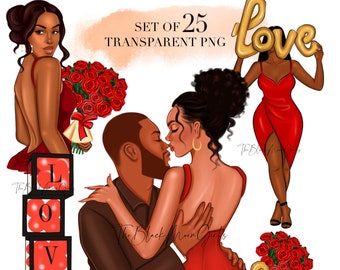 Clipart de pareja negra: Ilustración de moda para San Valentín (Descarga digital PNG)