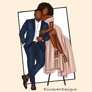 バレンタインカップルのイラスト、カップルのクリップアート、結婚式のカップルのクリップアート、結婚式のクリップアート、黒人カップルのポートレートイラスト、黒人カップルのPNG