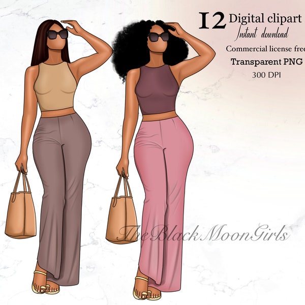 African American Girl in Summer Outfit Clipart, Black Woman clipart, African American fashion clipart, Black Girl clipart