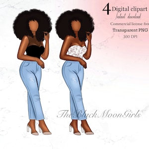 Fashion girl in denim clipart, Black Girl clipart, Black Woman clipart, Fashion planner cover, African American fashion clipart