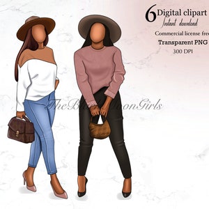 Fall Fashion Girl Clipart , Travel Girl Clipart, Black Woman Clipart, Summer Girl Clipart, African American Fashion Clipart