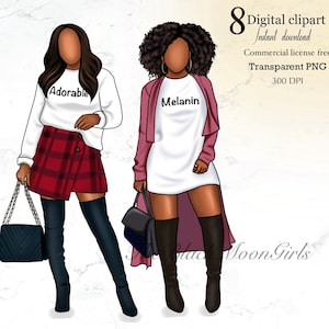 May include: Two digital illustrations of women with brown skin, one wearing a white shirt with the word "Melanin" on it and a pink cardigan, the other wearing a white shirt with the word "Adorable" on it and a red and black plaid skirt. Both women are wearing black thigh-high boots.