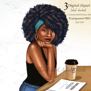 Coffee Girl Clipart, Black Girl clipart, Black Woman clipart, Black Girl Planner Clipart, African American Fashion Clipart
