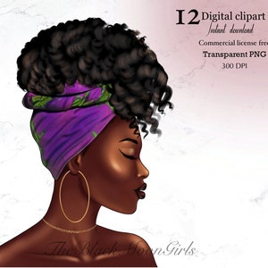 Puede incluir: Ilustración digital de una mujer negra con cabello rizado, usando un pañuelo de cabeza morado y verde y aretes de aro dorados. El fondo es una textura de mármol blanco.