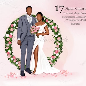 Clipart de pareja de boda, impresión de pareja de boda, imágenes prediseñadas de boda, imágenes prediseñadas de matrimonio, imágenes prediseñadas del día de la boda, imágenes prediseñadas de pareja negra afro