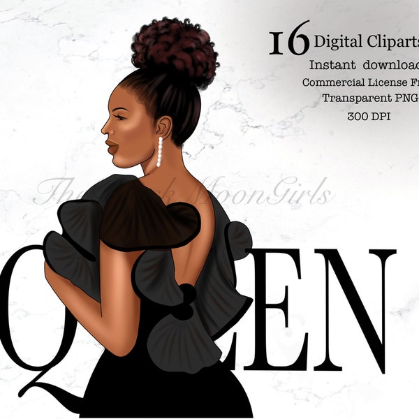 Black Girl Queen Clipart, African American Girl Fashion Clipart, Black Girl in Beautiful Dress, Black Woman Clipart