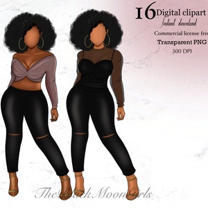 May include: Two digital illustrations of women with afro hairstyles wearing black pants, black tops, and gold hoop earrings. One woman is wearing a black top with a sheer overlay and the other is wearing a pink top with a twist detail. Both women are wearing gold heels.
