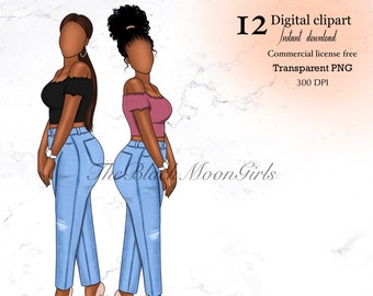 Girl in Denim Clipart, Black Girl clipart, Black Woman Clipart, Fashion Planner Cover, African American Fashion Clipart