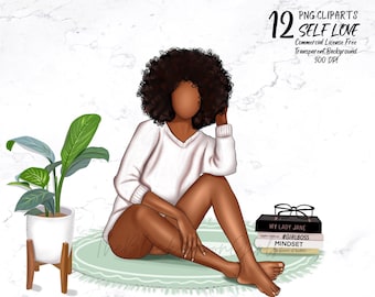 Self Love Clipart, Black Woman Clipart, Black Girl Clipart, Black Girl Clipart for Planner/Sticker, Afro Fashion Girl Clipart