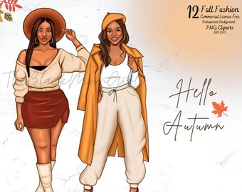 Fall Fashion Clipart: Black Women PNG Stickers (Digital Download)