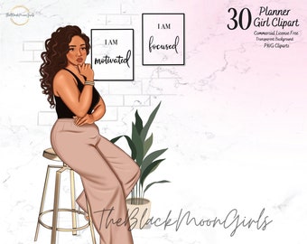 Clipart motivation fille noire : Stickers planificateur de mode (téléchargement numérique PNG)