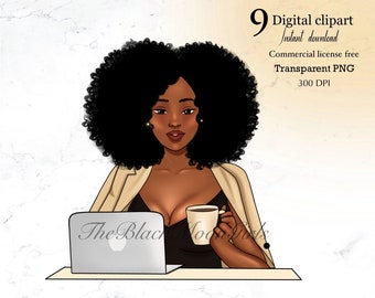 Clipart zwarte vrouw koffie: GirlBoss png-set (digitale download)
