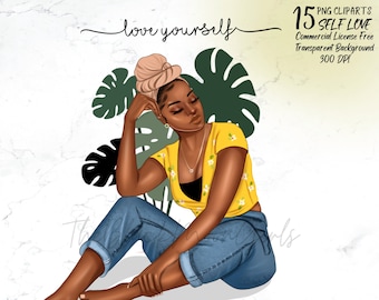 Self Love Clipart, Black Girl Clipart, Black Woman Fashion Clipart, African American Fashion Clipart, Black Girl Clipart for Planner/Sticker