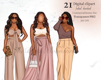 Fashion Girl Clipart: African American Women in Party Outfits (PNG Digital Download)
