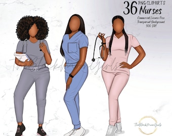 Enfermera Clipart PNG: Uniformes médicos afroamericanos de moda (Descarga digital)