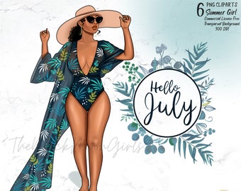 Summer Girl Clipart: African American Woman in Swimsuit (PNG Files)