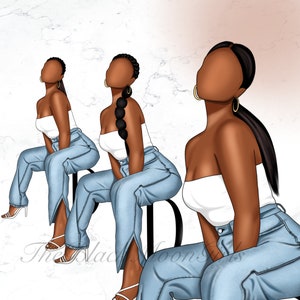 May include: Three women wearing white tank tops and blue jeans with slits on the sides. They are sitting on chairs with their legs crossed.