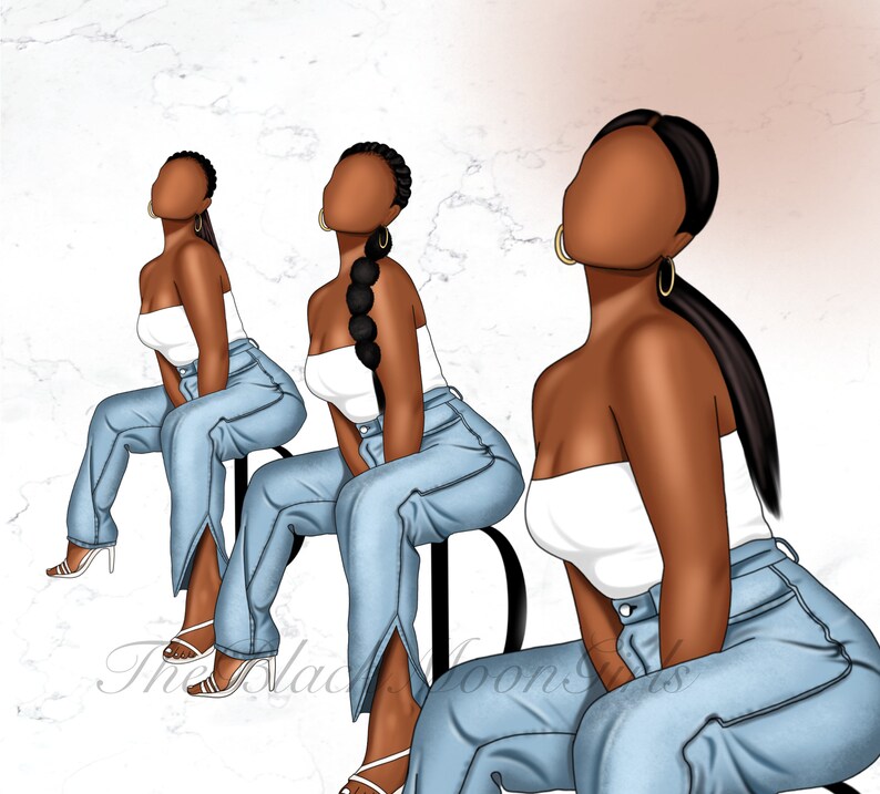 May include: Three women wearing white tank tops and blue jeans with slits on the sides. They are sitting on chairs with their legs crossed.