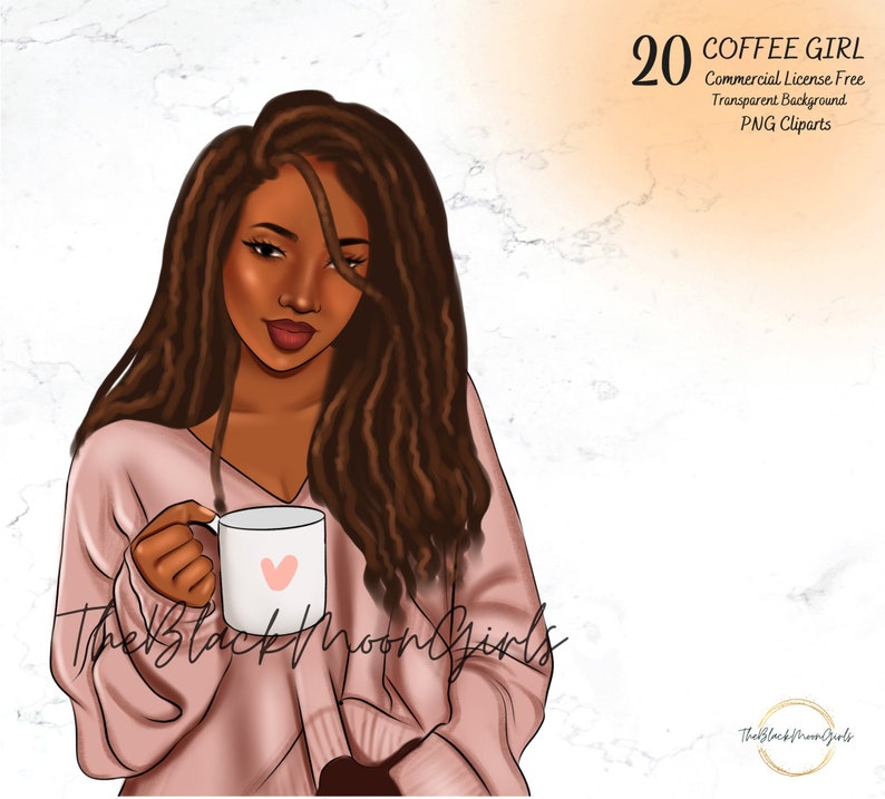 Peut inclure: Illustration num&eacute;rique d'une femme aux longs dreadlocks bruns portant un pull rose et tenant une tasse &agrave; caf&eacute; blanche avec un c&oelig;ur rose. L'arri&egrave;re-plan est une texture de marbre blanc.