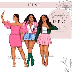 Sorority Women Clipart, Alpha Kappa Alpha Sorority, Pink and Green Girls Clipart, Sister Girls Clipart, Black Women Clipart Sorority Sister