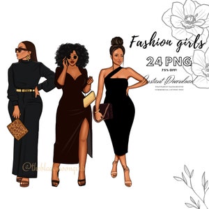 May include: Three digital illustrations of women in different outfits. The woman on the left is wearing a black pantsuit with a gold belt and a leopard print clutch. The woman in the middle is wearing a brown dress with a gold chain and a gold clutch. The woman on the right is wearing a black dress with a gold chain and a black clutch. The text "Fashion girls 24 PNG 75% OFF! Instant Download TRANSPARENT BACKGROUND COMMERCIAL LICENSE FREE" is at the top of the image.