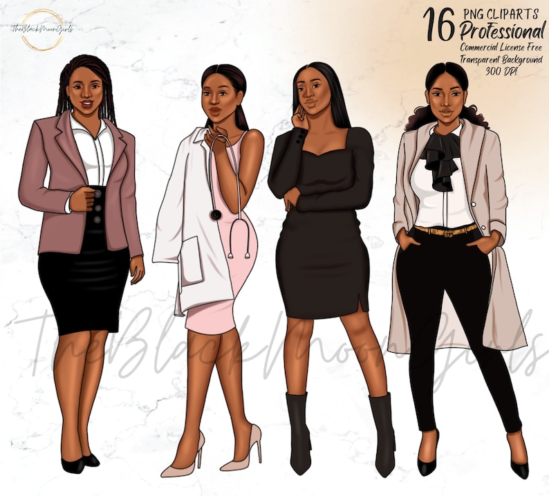 Op de afbeelding: Vier digitale illustraties van zwarte vrouwen in professionele kleding. De vrouwen dragen een roze blazer en een zwarte rok, een witte doktersjas en een roze jurk, een zwarte jurk en een beige jas en een zwarte broek.