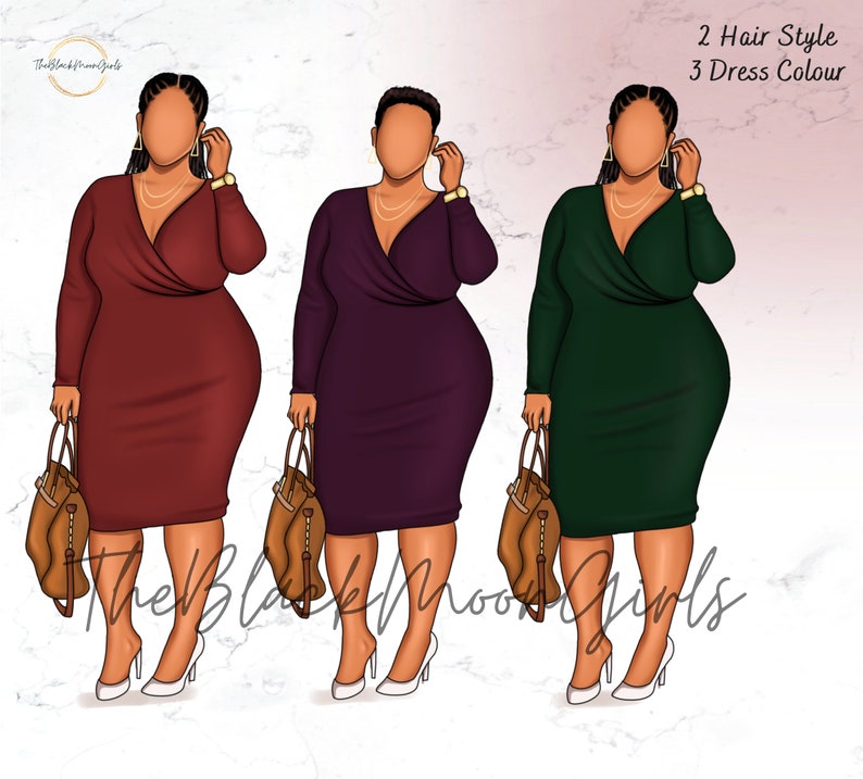 May include: Three illustrations of women wearing different colored dresses. The women are all wearing the same style dress, which is a long-sleeved, wrap dress. The dresses are burgundy, purple, and green. Each woman is carrying a brown handbag.