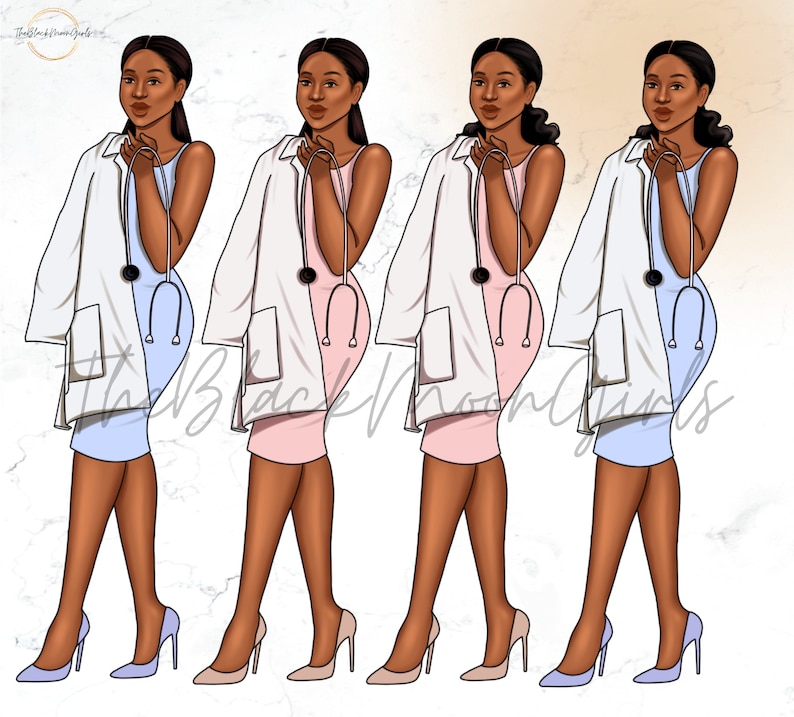 Op de afbeelding: Vier digitale illustraties van zwarte vrouwelijke artsen die witte labjassen, blauwe en roze jurken en stethoscopen dragen. De vrouwen staan met hun handen voor zich gevouwen en kijken naar de zijkant.