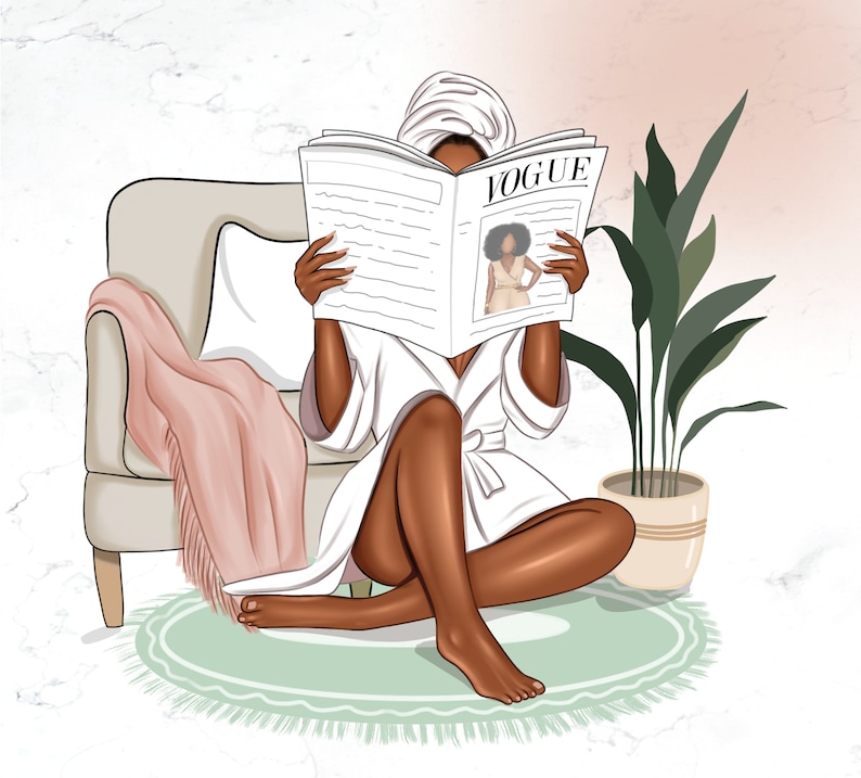 May include: A woman in a white robe and a towel on her head is sitting on a rug and reading a magazine called "VOGUE".