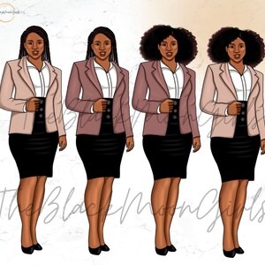 Op de afbeelding: Vier digitale illustraties van vrouwen met een bruine huid die roze blazers, zwarte rokken en witte blouses dragen. De vrouwen hebben verschillende kapsels, waaronder krullend, recht en golvend.