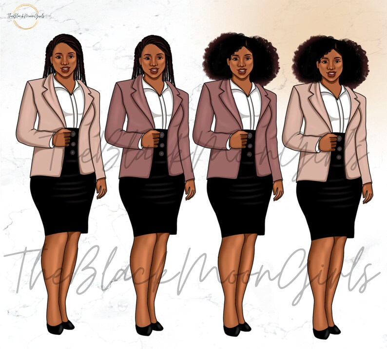 Op de afbeelding: Vier digitale illustraties van vrouwen met een bruine huid die roze blazers, zwarte rokken en witte blouses dragen. De vrouwen hebben verschillende kapsels, waaronder krullend, recht en golvend.