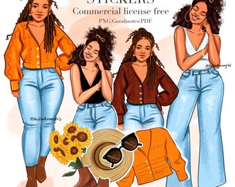 Black Girl Denim Fashion Stickers: Goodnotes Planner (Pre-Cropped PNG)
