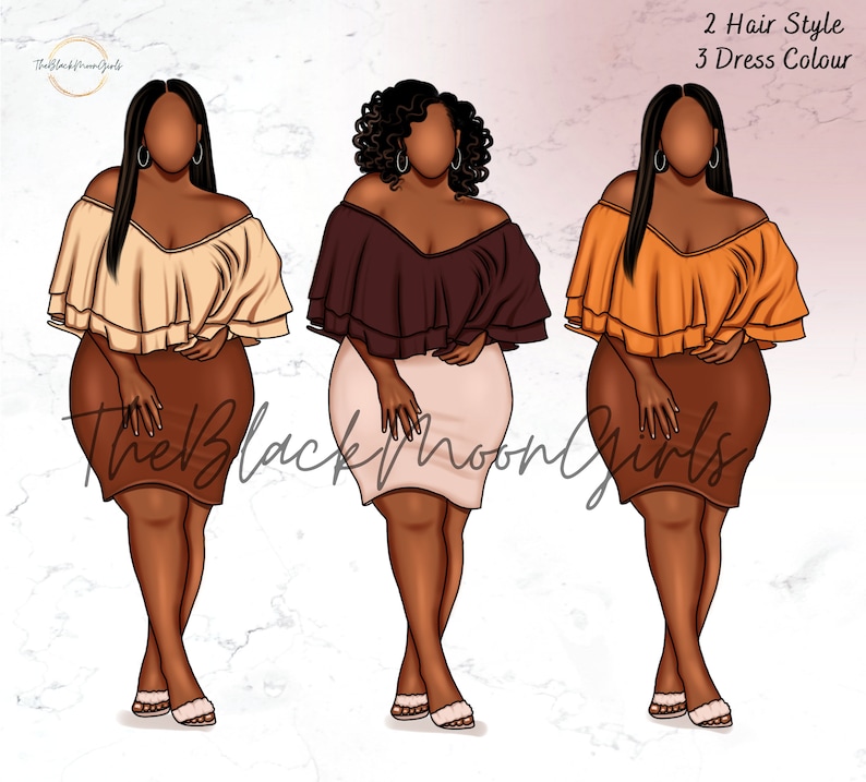 May include: Three digital illustrations of women with different hairstyles and off-the-shoulder tops. The women are wearing brown skirts and have brown skin. The tops are beige, brown, and orange.