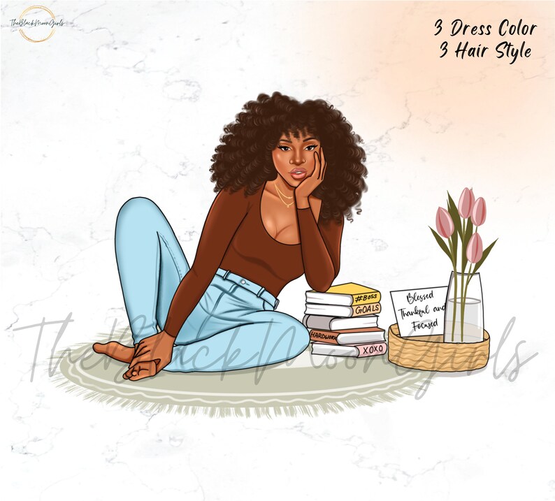 Puede incluir: Una ilustraci&oacute;n digital de una mujer con piel morena y cabello casta&ntilde;o rizado sentada en una alfombra con una pila de libros. Los libros tienen las palabras "GOALS" y "XOXO" en ellos. Hay un jarr&oacute;n con flores rosas y un letrero que dice "Blessed, Thankful and Focused".