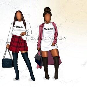 May include: Two women wearing stylish outfits. One woman is wearing a white shirt with the text "Adorable" on it, a red and black plaid skirt, black thigh-high boots, and a black handbag. The other woman is wearing a white shirt with the text "Melanin" on it, a pink cardigan, black thigh-high boots, and a black handbag.