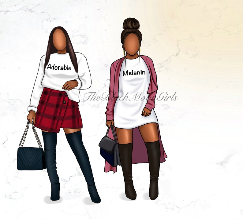May include: Two women wearing stylish outfits. One woman is wearing a white shirt with the text "Adorable" on it, a red and black plaid skirt, black thigh-high boots, and a black handbag. The other woman is wearing a white shirt with the text "Melanin" on it, a pink cardigan, black thigh-high boots, and a black handbag.