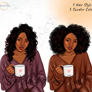 Peut inclure: Deux illustrations num&eacute;riques de femmes avec des coiffures diff&eacute;rentes, portant des pulls et tenant des tasses avec des c&oelig;urs dessus. Le texte "4 Hair Style 5 Sweater Color" est en haut de l'image.
