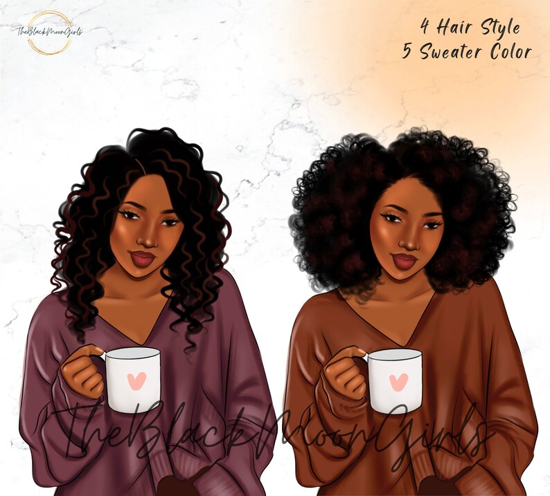 Peut inclure: Deux illustrations num&eacute;riques de femmes avec des coiffures diff&eacute;rentes, portant des pulls et tenant des tasses avec des c&oelig;urs dessus. Le texte "4 Hair Style 5 Sweater Color" est en haut de l'image.
