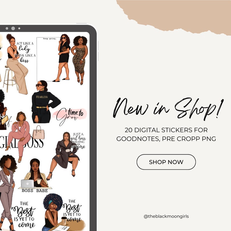 May include: A digital illustration of a woman with a pink background and the text "Girl Boss". The image is part of a set of 20 digital stickers for Goodnotes, pre-cropped PNG.